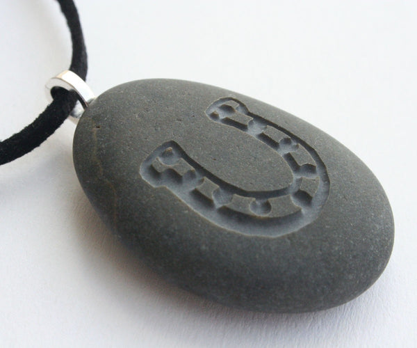 Horseshoe pendant necklace - Tiny PebbleGlyph(c) Pendant - engraved beach stone necklace