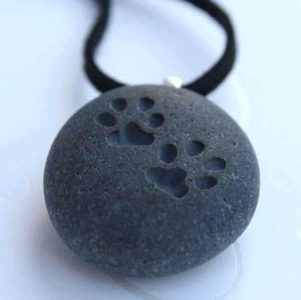 CAT paw print pendant - for kitty lover - Tiny PebbleGlyph (C) engraved pebble stone necklace