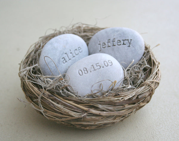Personalized wedding gift for couple - Love Nest- engraved stones with names and date in bird nest