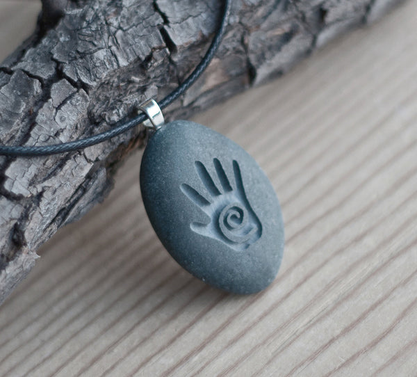 Healing Hand - Tiny PebbleGlyph (C) Necklace - Engraved stone necklace