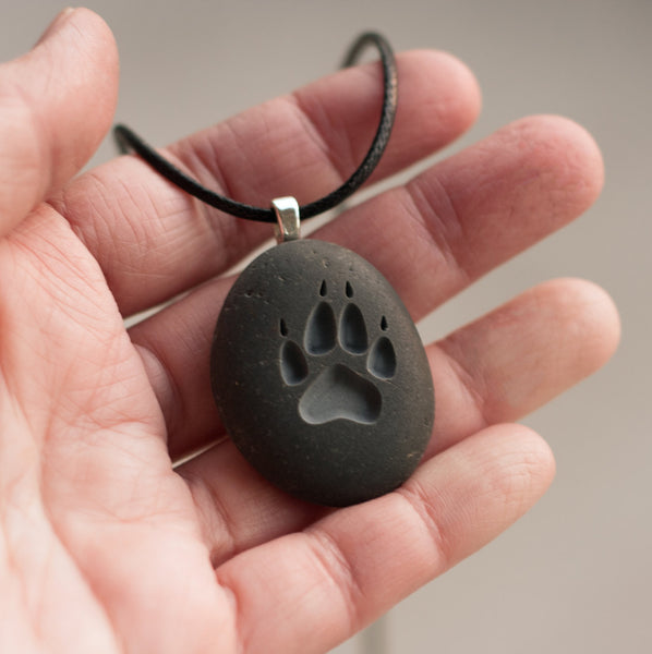 Wolf paw print - engraved stone necklace -Tiny PebbleGlyph (C) necklace by SJ-Engraving