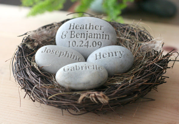 Family Nest ~ Housewarming, Anniversary gift - set of 4 personalized name stones in bird nest