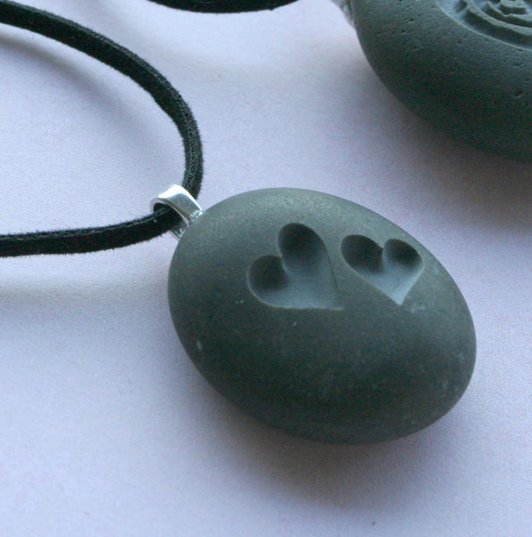 Two Hearts Together - Tiny PebbleGlyph (c) Pendent - engraved stone necklace