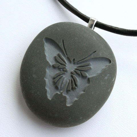 BUTTERFLY Necklace - Tiny PebbleGlyph (C) - Engraved pebble pendant