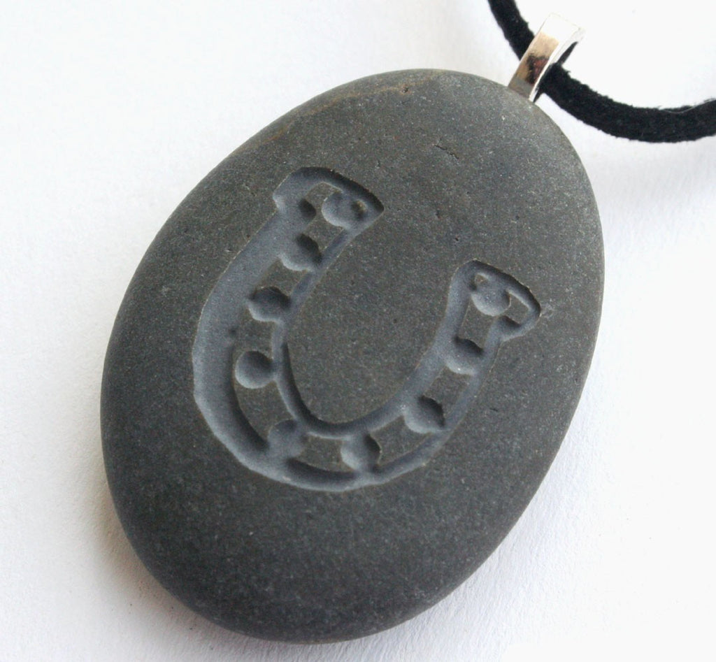 Horseshoe pendant necklace - Tiny PebbleGlyph(c) Pendant - engraved beach stone necklace
