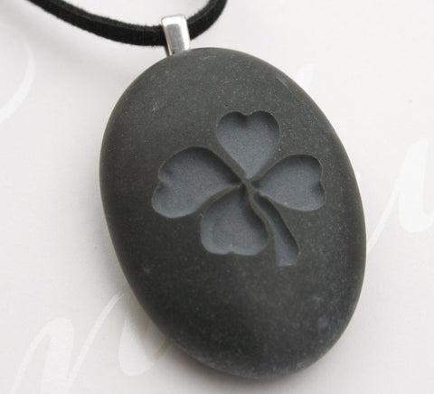 Four-leaf clover pendant - Tiny PebbleGlyph (C) - Engraved beach stone necklace
