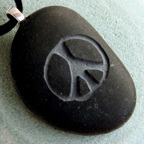PEACE necklace - Tiny PebbleGlyph Pendent (c) - Engraved beach pebble