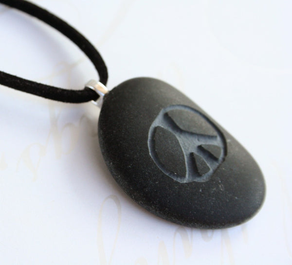 PEACE necklace - Tiny PebbleGlyph Pendent (c) - Engraved beach pebble