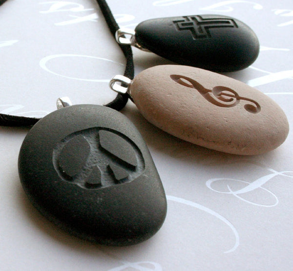 PEACE necklace - Tiny PebbleGlyph Pendent (c) - Engraved beach pebble