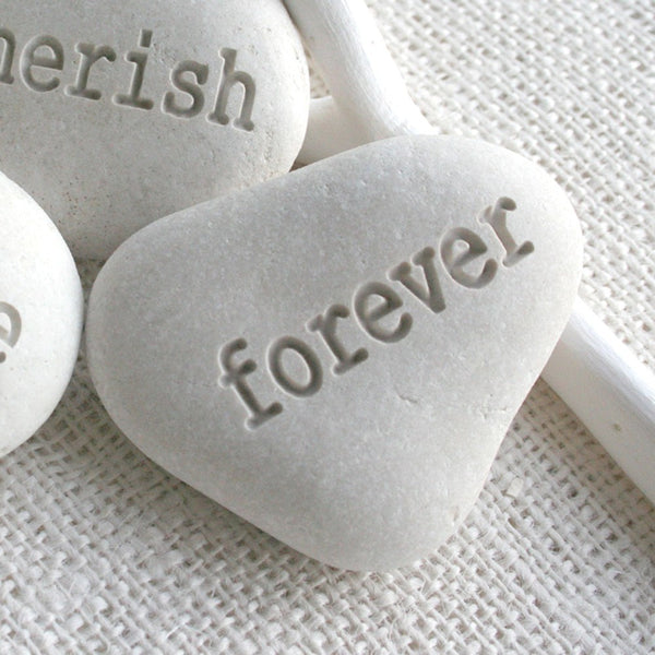 promise cherish forever - engraved pebble trio - engraved white beach pebbles for couple