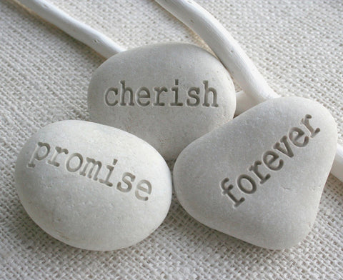 promise cherish forever - engraved pebble trio - engraved white beach pebbles for couple