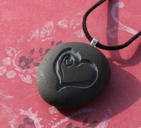 Sweet Heart Necklace - Tiny PebbleGlyph (C) - Engraved beach stones