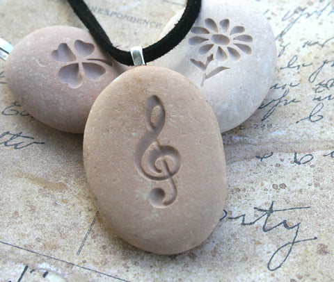 The G-clef - Tiny PebbleGlyph (C) Pendent - engraved pebble necklace for music lover