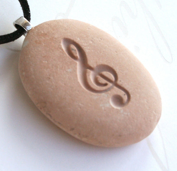 The G-clef - Tiny PebbleGlyph (C) Pendent - engraved pebble necklace for music lover