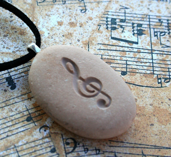 The G-clef - Tiny PebbleGlyph (C) Pendent - engraved pebble necklace for music lover