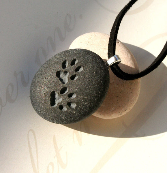 CAT paw print pendant - for kitty lover - Tiny PebbleGlyph (C) engraved pebble stone necklace
