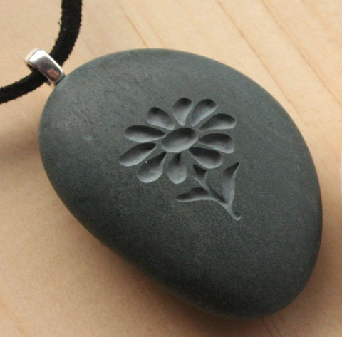 Wild Flower Pendant with cord - Tiny PebbleGlyph(c) Pendent - engraved pebble necklace