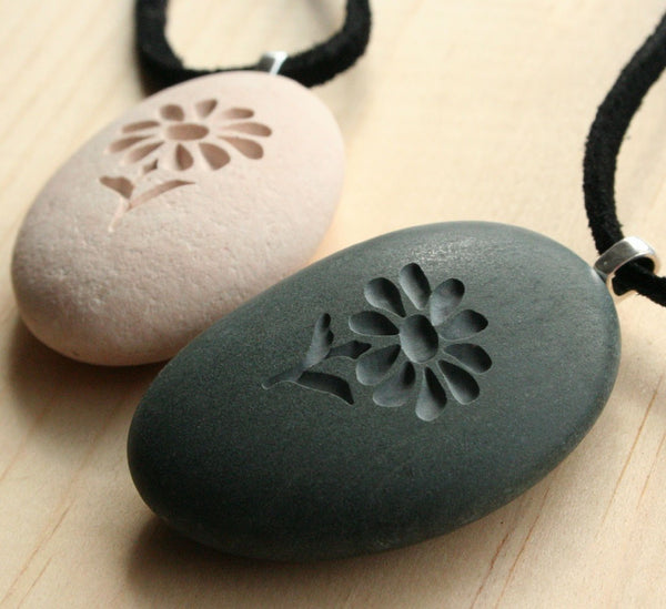 Wild Flower Pendant with cord - Tiny PebbleGlyph(c) Pendent - engraved pebble necklace
