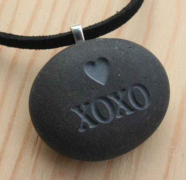 Hugs and Kisses Necklace- XOXO pendant - Tiny PebbleGlyph (C) - engraved pebble jewelry