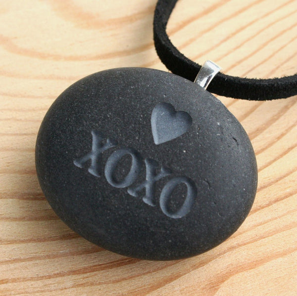 Hugs and Kisses Necklace- XOXO pendant - Tiny PebbleGlyph (C) - engraved pebble jewelry