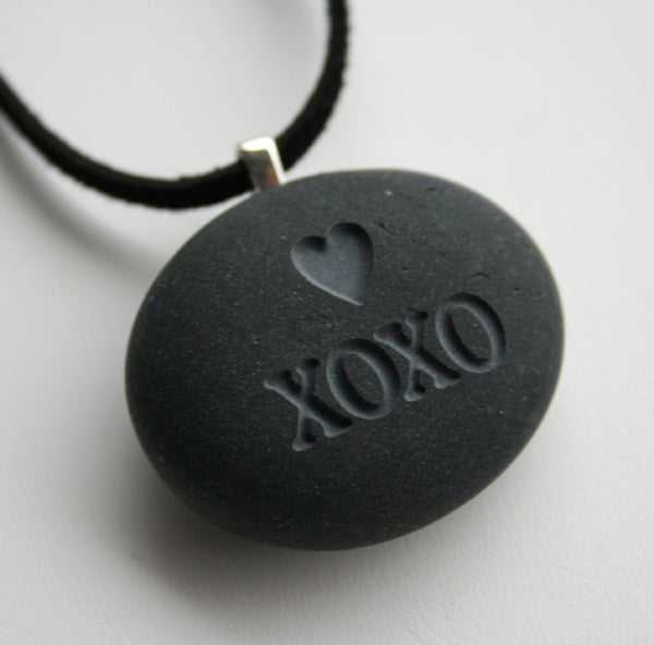 Hugs and Kisses Necklace- XOXO pendant - Tiny PebbleGlyph (C) - engraved pebble jewelry