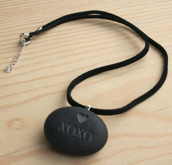 Hugs and Kisses Necklace- XOXO pendant - Tiny PebbleGlyph (C) - engraved pebble jewelry