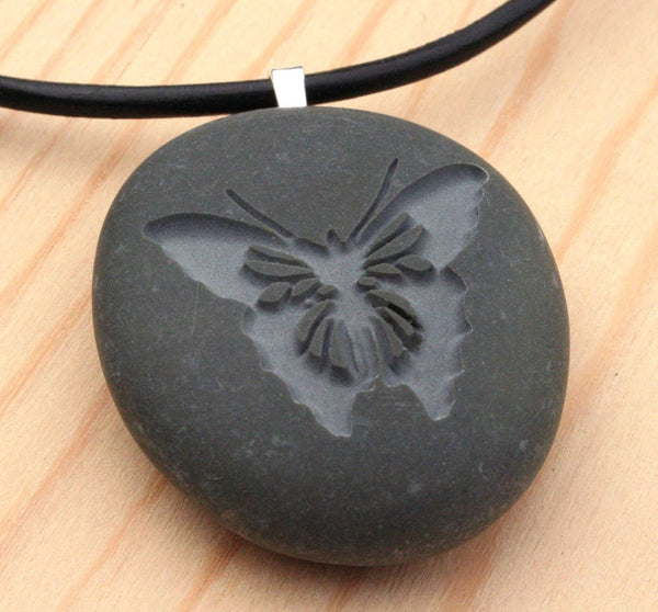 BUTTERFLY Necklace - Tiny PebbleGlyph (C) - Engraved pebble pendant