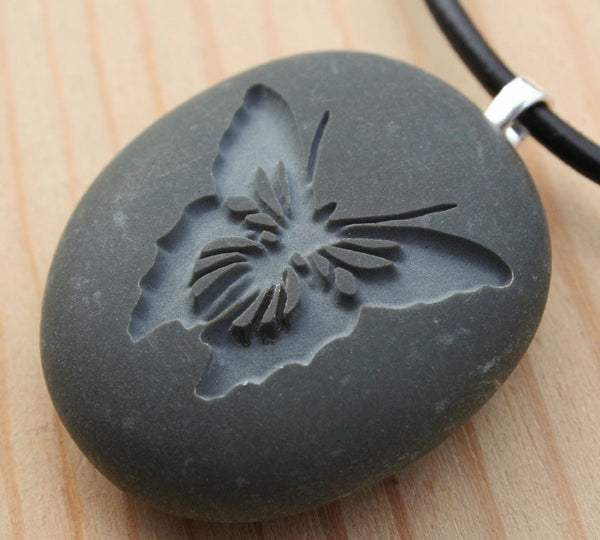 BUTTERFLY Necklace - Tiny PebbleGlyph (C) - Engraved pebble pendant