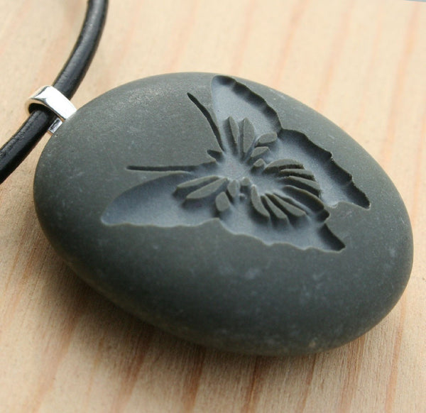 BUTTERFLY Necklace - Tiny PebbleGlyph (C) - Engraved pebble pendant