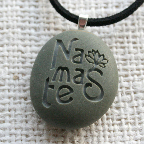 Namaste necklace - Engraved beach stone Tiny PebbleGlyph(c) Pendent