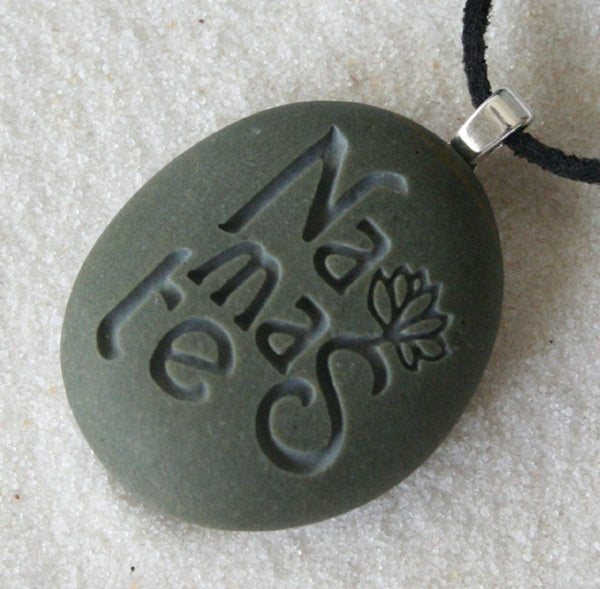 Namaste necklace - Engraved beach stone Tiny PebbleGlyph(c) Pendent