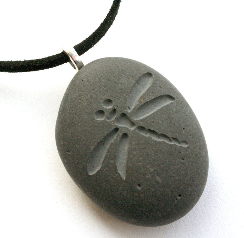 Dragonfly - Tiny pebble engraved stone necklace