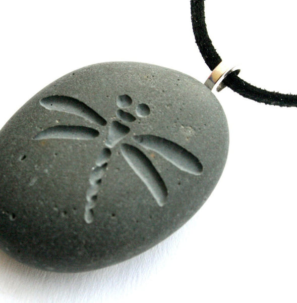 Dragonfly - Tiny pebble engraved stone necklace