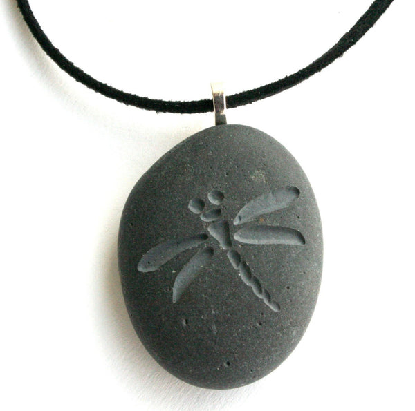 Dragonfly - Tiny pebble engraved stone necklace