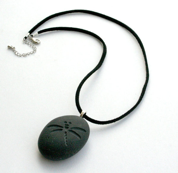 Dragonfly - Tiny pebble engraved stone necklace