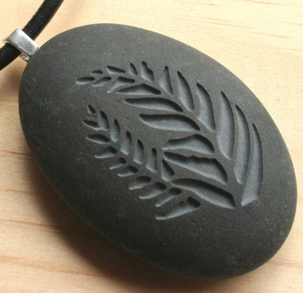 Love for Nature - Ferns pendant with cord - Tiny PebbleGlyph (C) - Carved beach stone necklace