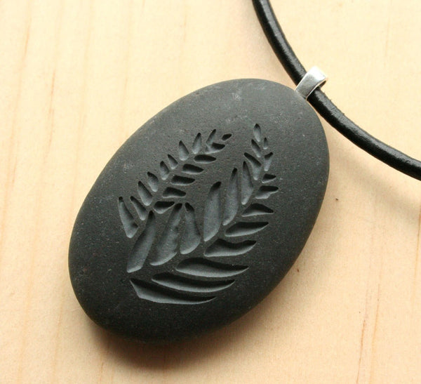 Love for Nature - Ferns pendant with cord - Tiny PebbleGlyph (C) - Carved beach stone necklace