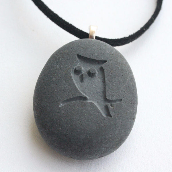 OWL necklace - engraved beach stone necklace