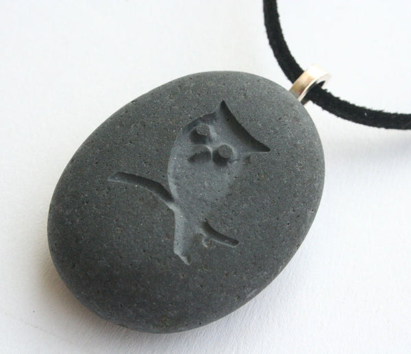 OWL necklace - engraved beach stone necklace