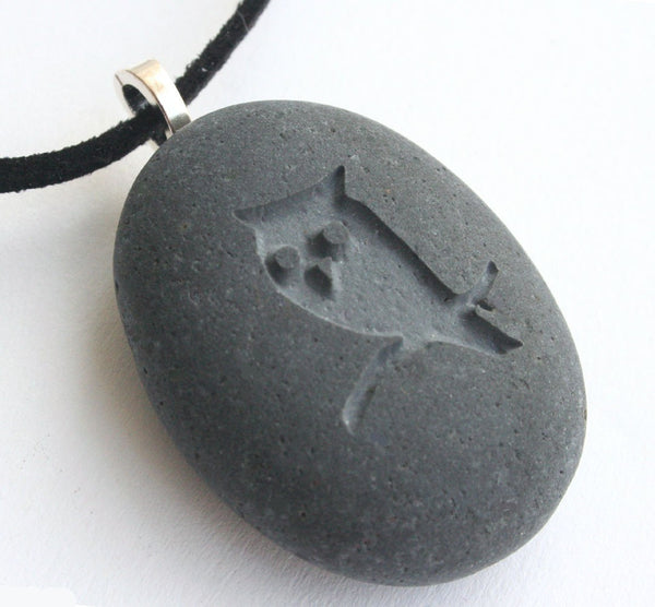 OWL necklace - engraved beach stone necklace
