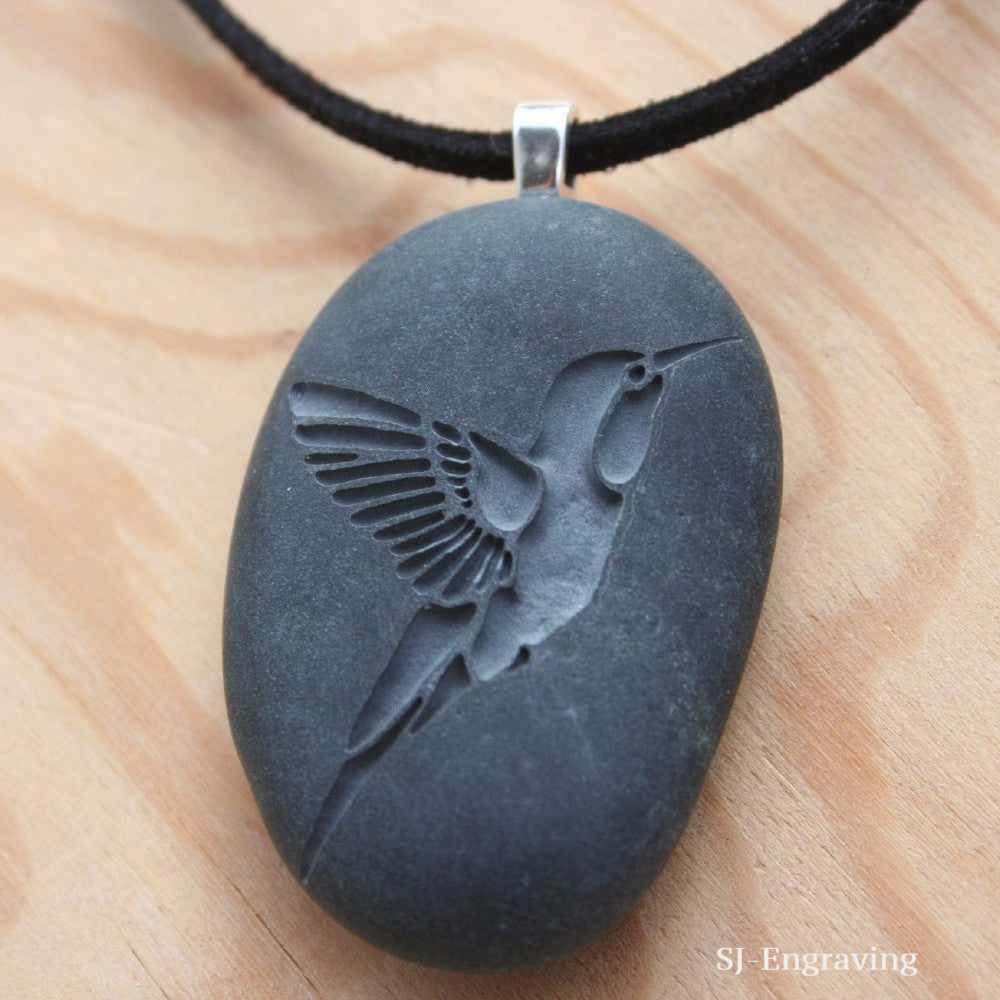 Hummingbird necklace Hand engraved beach stone necklace Tiny