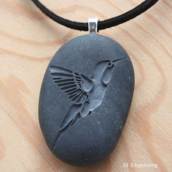 Hummingbird necklace -  Hand engraved beach stone necklace - Tiny PebbleGlyph Pendant