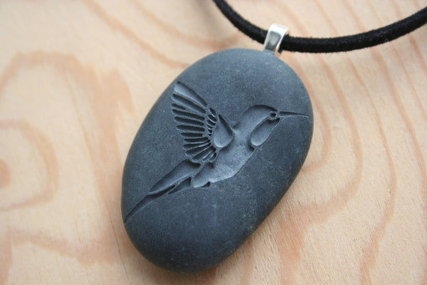 Hummingbird necklace -  Hand engraved beach stone necklace - Tiny PebbleGlyph Pendant