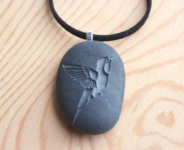 Hummingbird necklace -  Hand engraved beach stone necklace - Tiny PebbleGlyph Pendant
