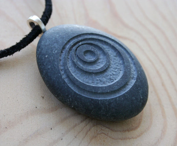 Crop Circle  - Tiny PebbleGlyph (c) Pendent with Cord - Engraved stone necklace