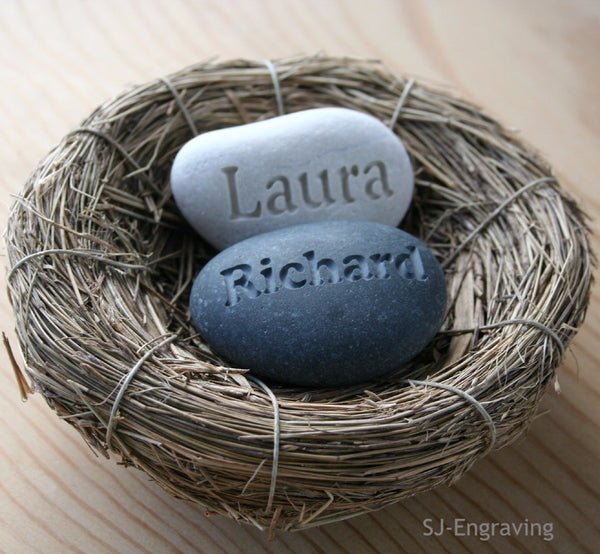 Our Nest Our Home (c) - Custom engraved couple's name stones in nest