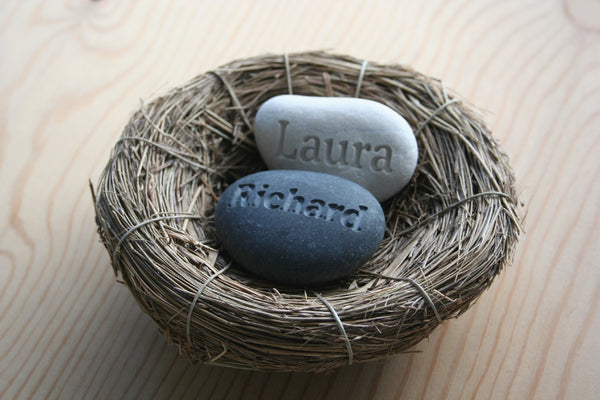 Our Nest Our Home (c) - Custom engraved couple's name stones in nest