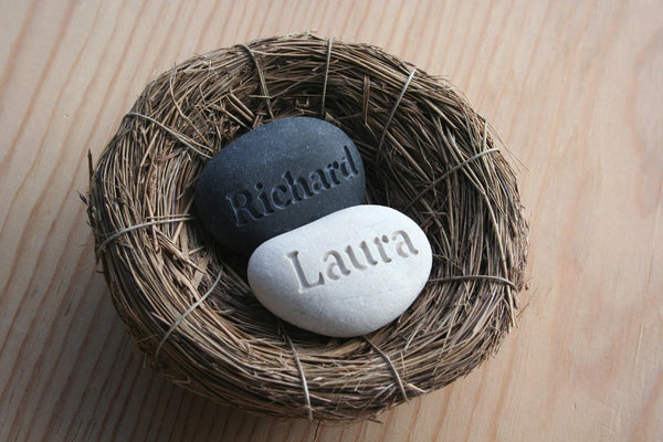 Our Nest Our Home (c) - Custom engraved couple's name stones in nest