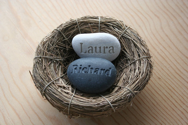 Our Nest Our Home (c) - Custom engraved couple's name stones in nest