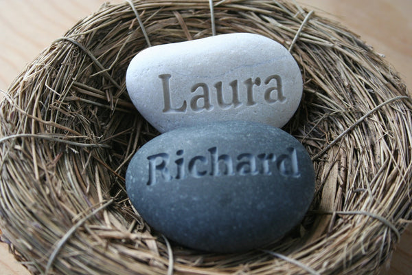 Our Nest Our Home (c) - Custom engraved couple's name stones in nest